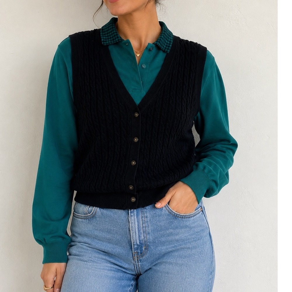 Blast Vintage 2-in-1 Teal Polo and‎ Black Cable Knit Cardigan Vest Top L3